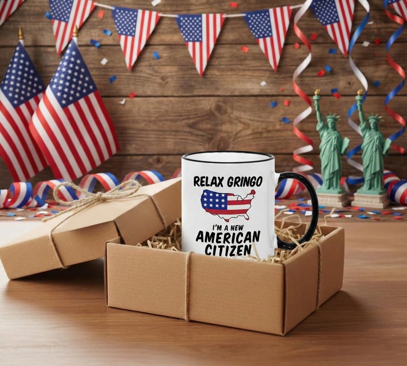 Casitika US Citizenship Gifts. Relax Gringo I'm a New American Citizen Immigrant Mug. Gift idea for Mexicans Latinos or Immigrants Becoming USA Citizens. (11 oz Black Handle/Rim) - Image 2